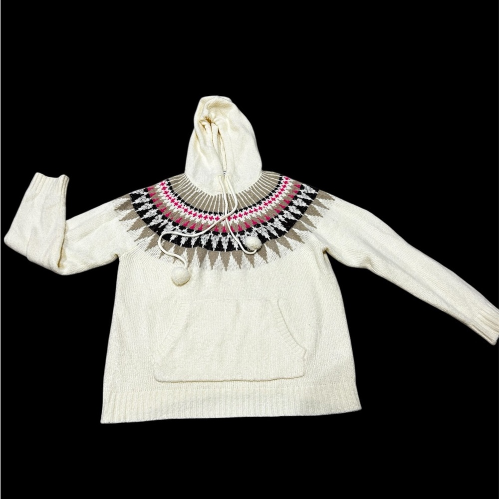 Olivia Sky Cozy Cream Hooded Sweater with Pink and Black Pattern-Size Large